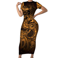 Aotearoa Maori Hei Tiki Short Sleeve Bodycon Dress Koura Kowhaiwhai Puhoro Motif