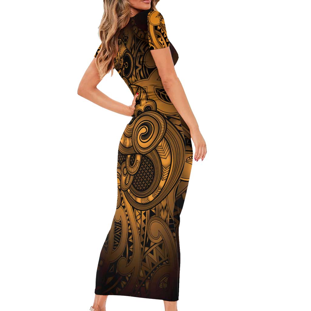 Aotearoa Maori Hei Tiki Short Sleeve Bodycon Dress Koura Kowhaiwhai Puhoro Motif