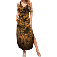 Aotearoa Maori Hei Tiki Summer Maxi Dress Koura Kowhaiwhai Puhoro Motif LT9 Women Gold - Polynesian Pride