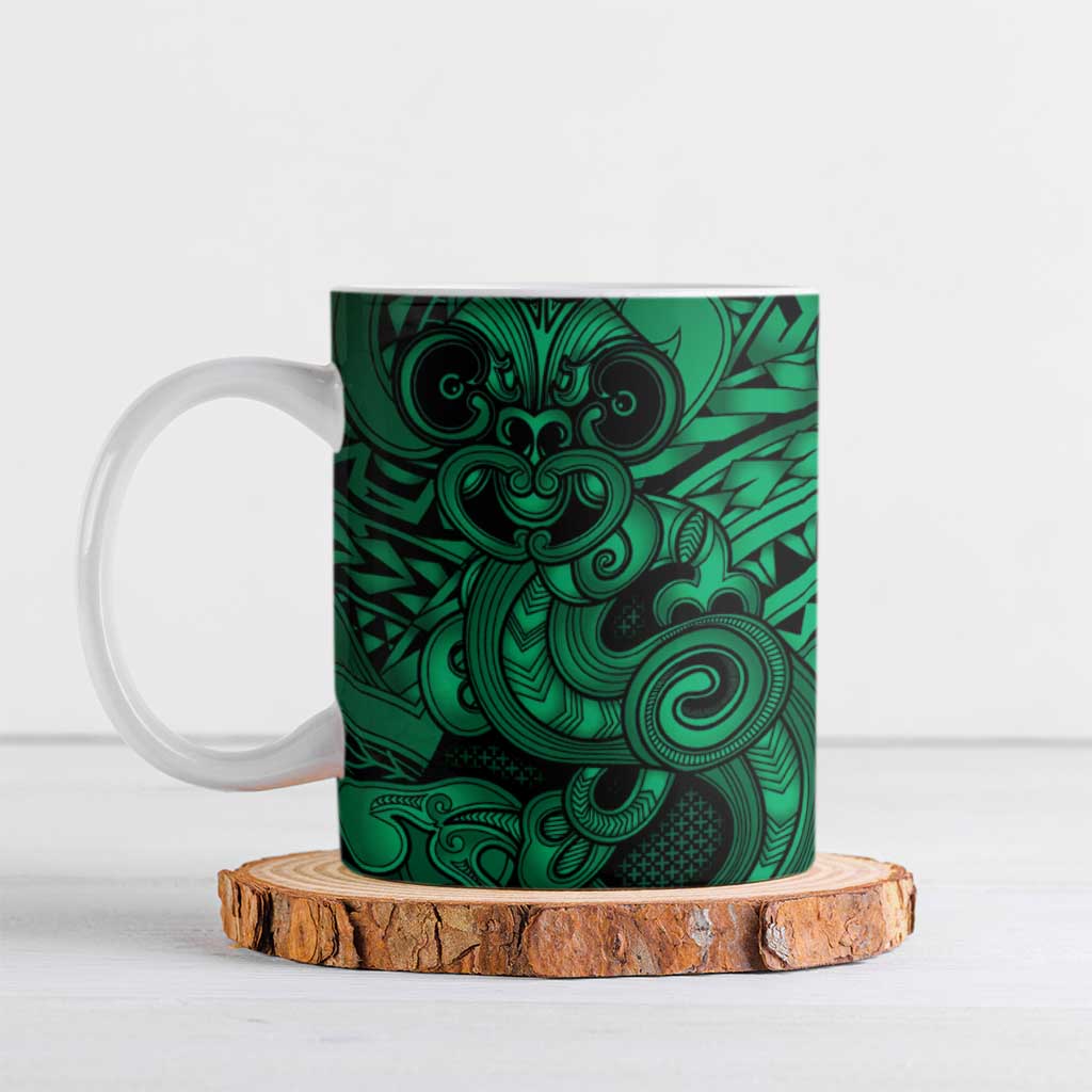 Aotearoa Maori Hei Tiki Ceramic Mug Kakariki Kowhaiwhai Puhoro Motif