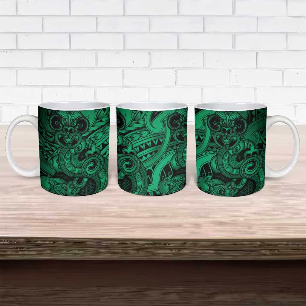 Aotearoa Maori Hei Tiki Ceramic Mug Kakariki Kowhaiwhai Puhoro Motif