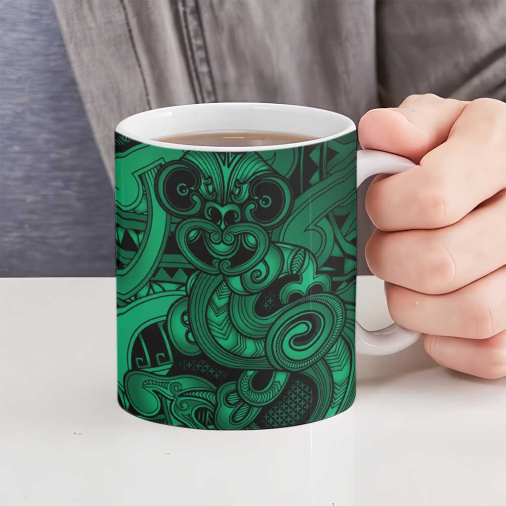Aotearoa Maori Hei Tiki Ceramic Mug Kakariki Kowhaiwhai Puhoro Motif