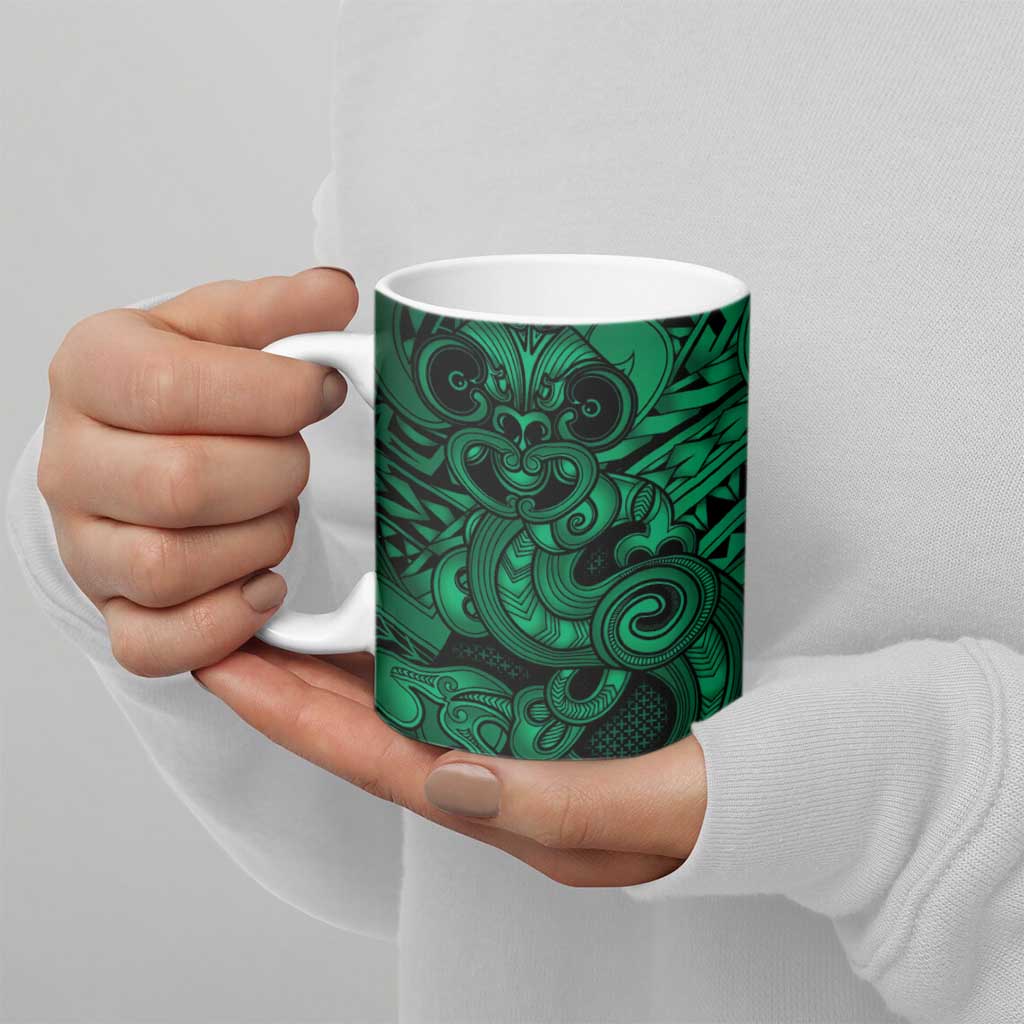 Aotearoa Maori Hei Tiki Ceramic Mug Kakariki Kowhaiwhai Puhoro Motif