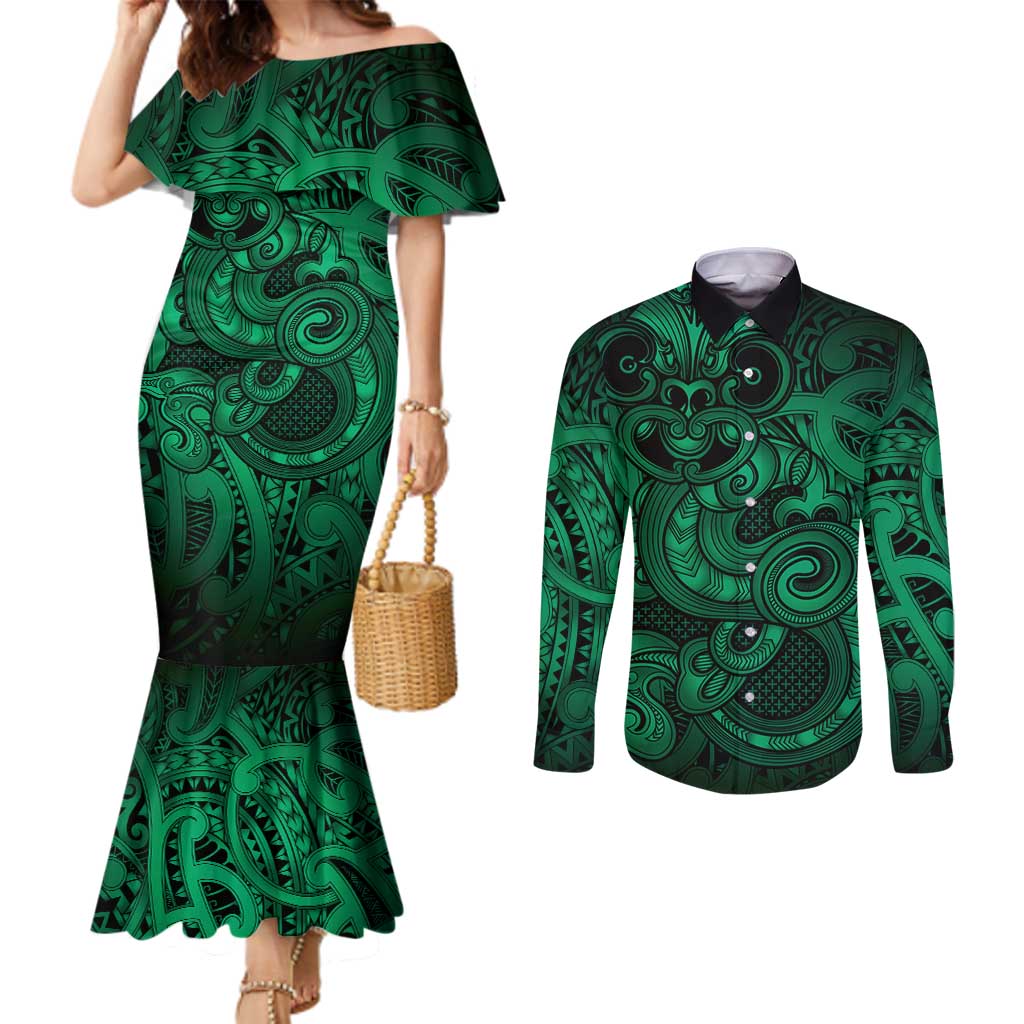 Aotearoa Maori Hei Tiki Couples Matching Mermaid Dress and Long Sleeve Button Shirt Kakariki Kowhaiwhai Puhoro Motif
