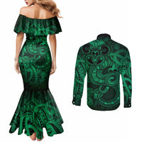 Aotearoa Maori Hei Tiki Couples Matching Mermaid Dress and Long Sleeve Button Shirt Kakariki Kowhaiwhai Puhoro Motif