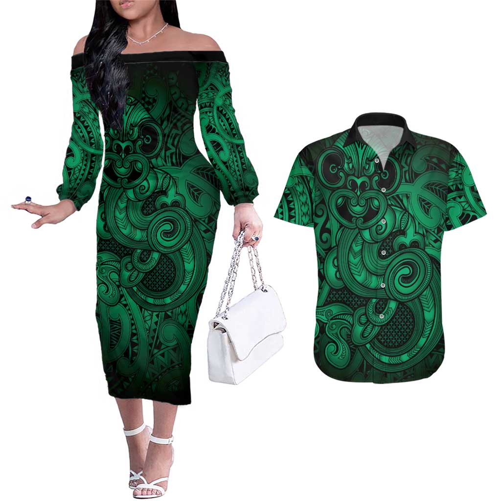 Aotearoa Maori Hei Tiki Couples Matching Off The Shoulder Long Sleeve Dress and Hawaiian Shirt Kakariki Kowhaiwhai Puhoro Motif LT9 Green - Polynesian Pride