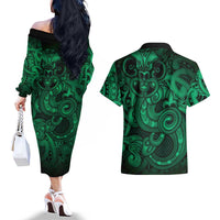 Aotearoa Maori Hei Tiki Couples Matching Off The Shoulder Long Sleeve Dress and Hawaiian Shirt Kakariki Kowhaiwhai Puhoro Motif LT9 - Polynesian Pride
