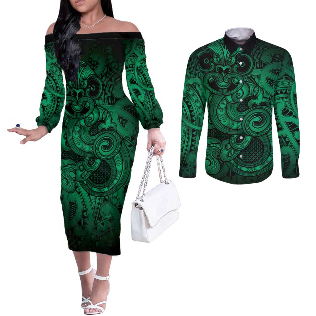 Aotearoa Maori Hei Tiki Couples Matching Off The Shoulder Long Sleeve Dress and Long Sleeve Button Shirt Kakariki Kowhaiwhai Puhoro Motif