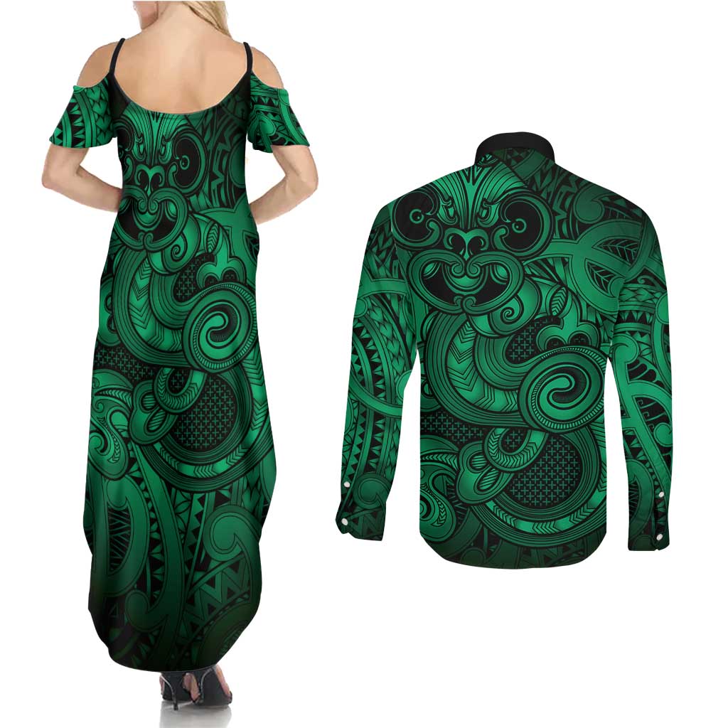 Aotearoa Maori Hei Tiki Couples Matching Summer Maxi Dress and Long Sleeve Button Shirt Kakariki Kowhaiwhai Puhoro Motif