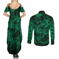 Aotearoa Maori Hei Tiki Couples Matching Summer Maxi Dress and Long Sleeve Button Shirt Kakariki Kowhaiwhai Puhoro Motif