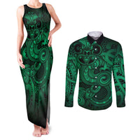 Aotearoa Maori Hei Tiki Couples Matching Tank Maxi Dress and Long Sleeve Button Shirt Kakariki Kowhaiwhai Puhoro Motif