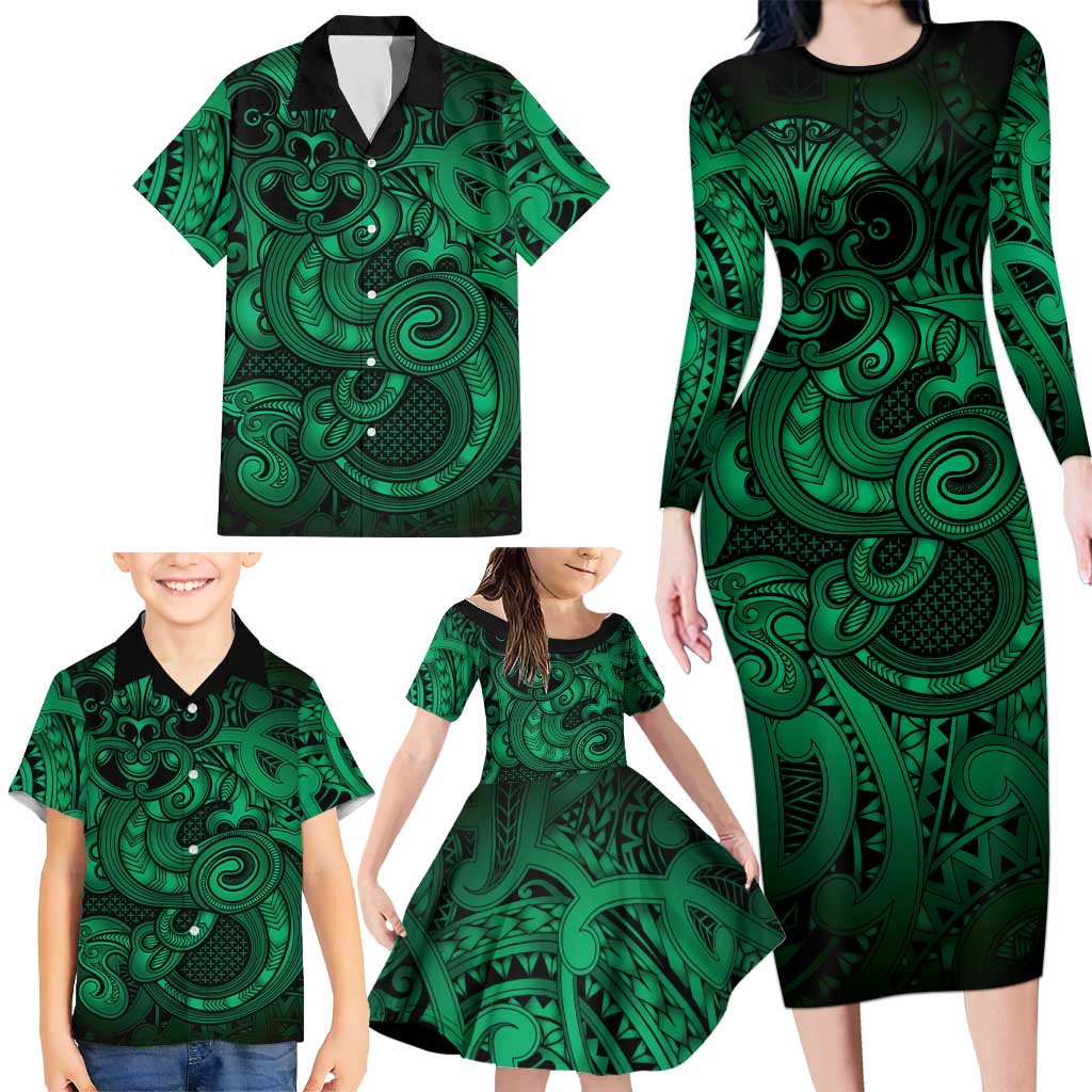 Aotearoa Maori Hei Tiki Family Matching Long Sleeve Bodycon Dress and Hawaiian Shirt Kakariki Kowhaiwhai Puhoro Motif