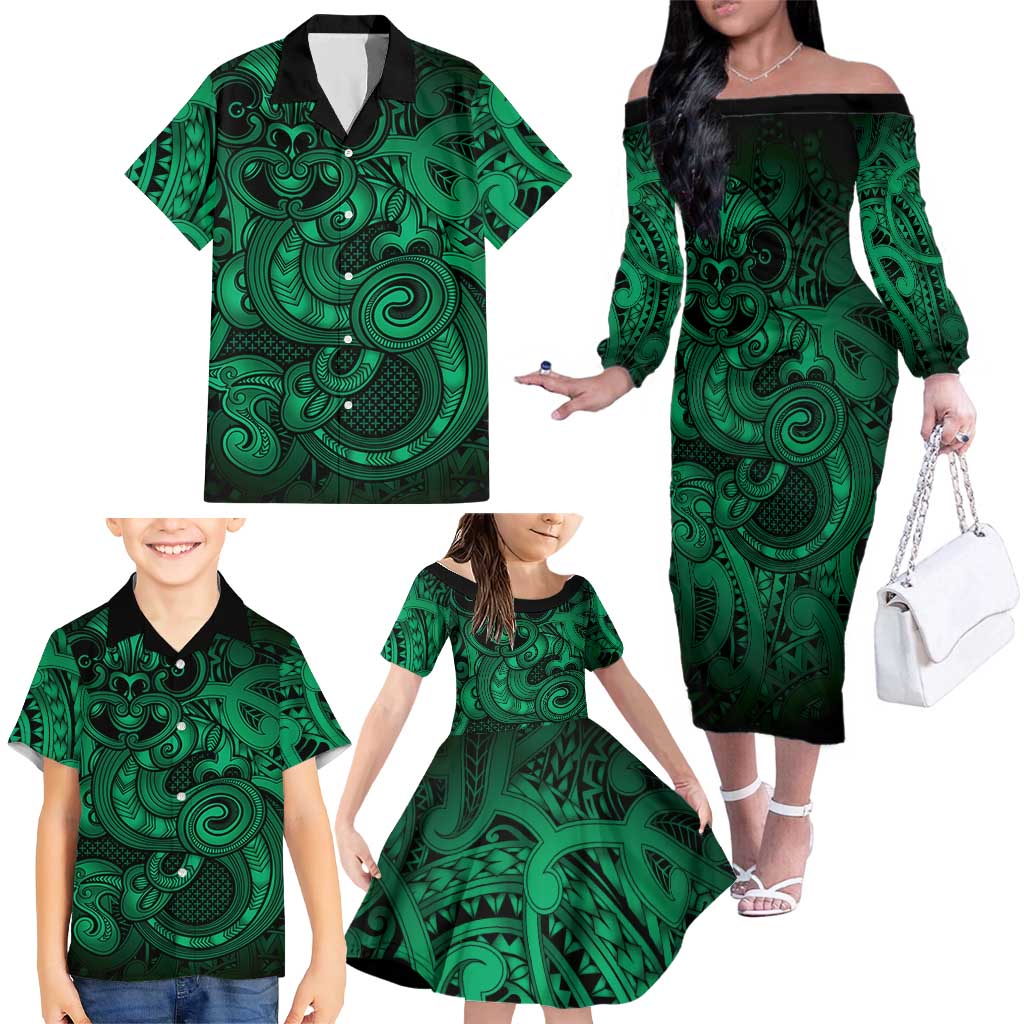Aotearoa Maori Hei Tiki Family Matching Off The Shoulder Long Sleeve Dress and Hawaiian Shirt Kakariki Kowhaiwhai Puhoro Motif