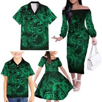 Aotearoa Maori Hei Tiki Family Matching Off The Shoulder Long Sleeve Dress and Hawaiian Shirt Kakariki Kowhaiwhai Puhoro Motif