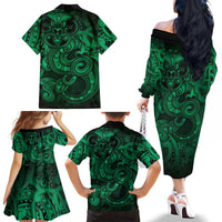 Aotearoa Maori Hei Tiki Family Matching Off The Shoulder Long Sleeve Dress and Hawaiian Shirt Kakariki Kowhaiwhai Puhoro Motif