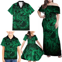 Aotearoa Maori Hei Tiki Family Matching Off Shoulder Maxi Dress and Hawaiian Shirt Kakariki Kowhaiwhai Puhoro Motif