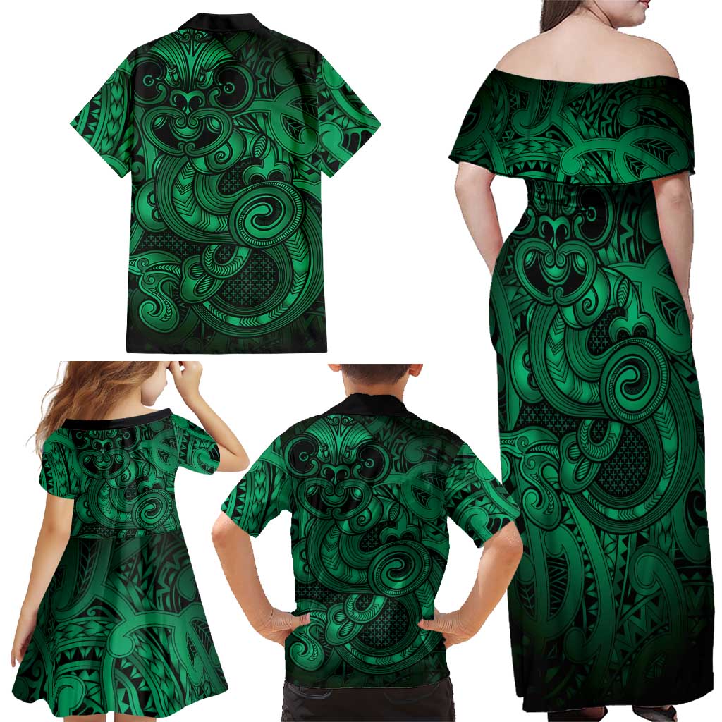 Aotearoa Maori Hei Tiki Family Matching Off Shoulder Maxi Dress and Hawaiian Shirt Kakariki Kowhaiwhai Puhoro Motif
