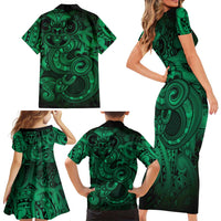 Aotearoa Maori Hei Tiki Family Matching Short Sleeve Bodycon Dress and Hawaiian Shirt Kakariki Kowhaiwhai Puhoro Motif