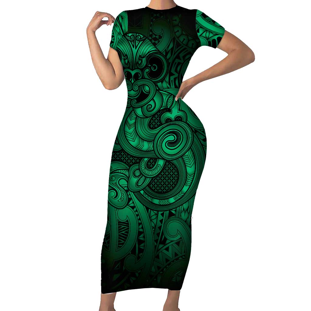 Aotearoa Maori Hei Tiki Family Matching Short Sleeve Bodycon Dress and Hawaiian Shirt Kakariki Kowhaiwhai Puhoro Motif