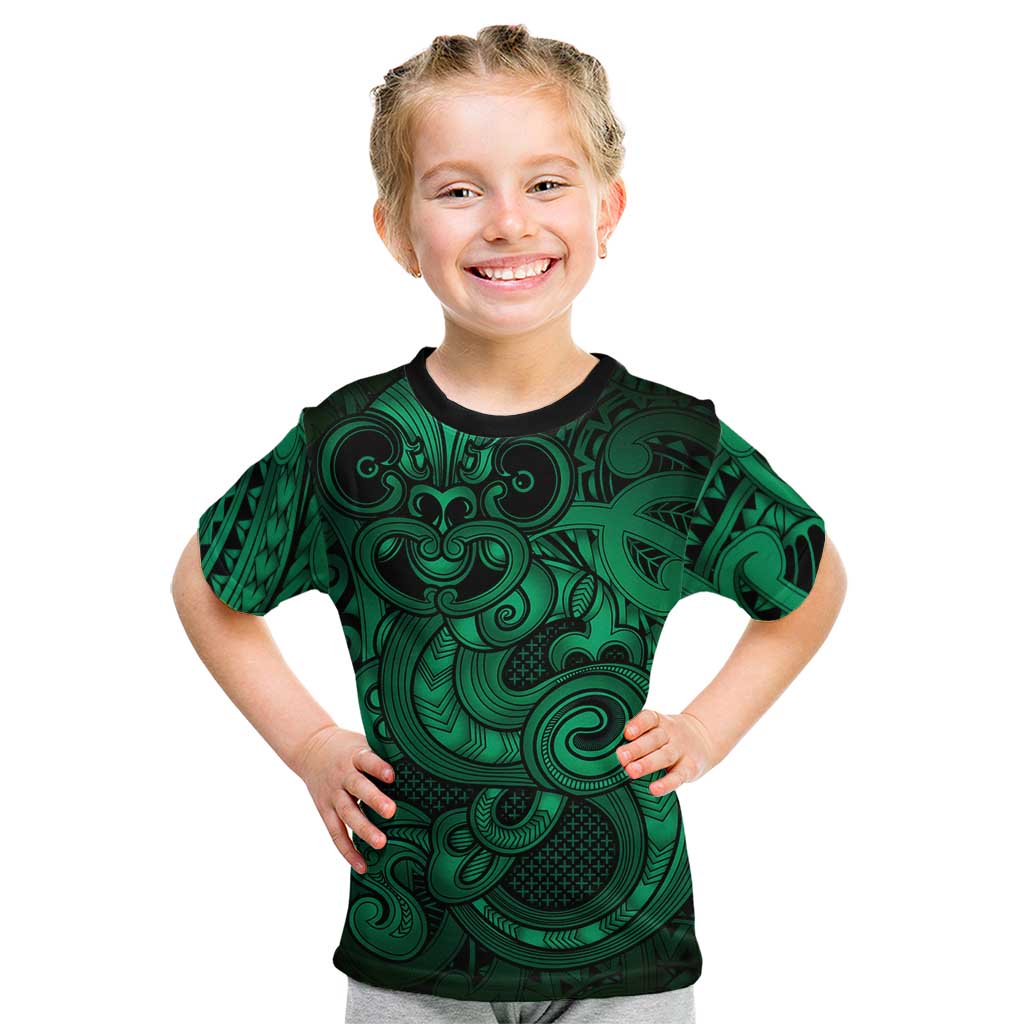 Aotearoa Maori Hei Tiki Kid T Shirt Kakariki Kowhaiwhai Puhoro Motif