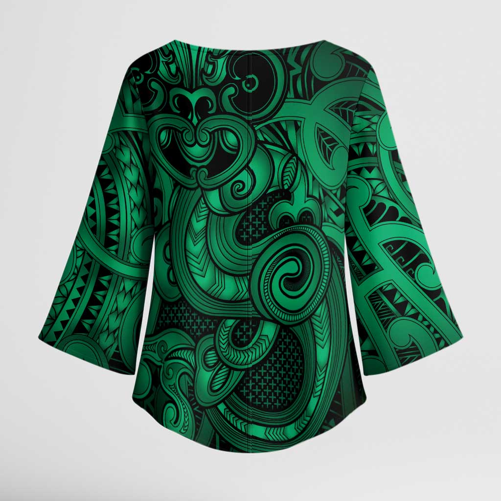 Aotearoa Maori Hei Tiki Kimono Sleeve Blouse Kakariki Kowhaiwhai Puhoro Motif