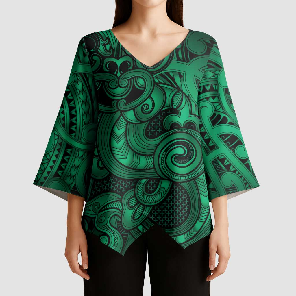 Aotearoa Maori Hei Tiki Kimono Sleeve Blouse Kakariki Kowhaiwhai Puhoro Motif
