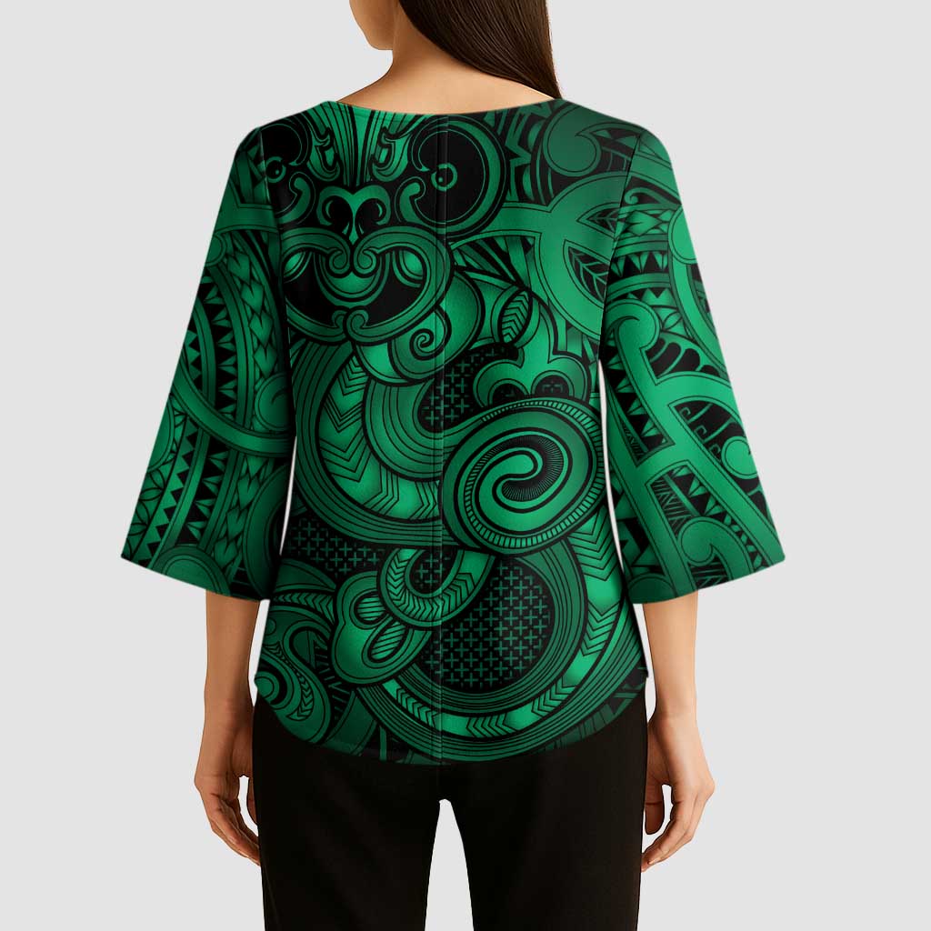 Aotearoa Maori Hei Tiki Kimono Sleeve Blouse Kakariki Kowhaiwhai Puhoro Motif