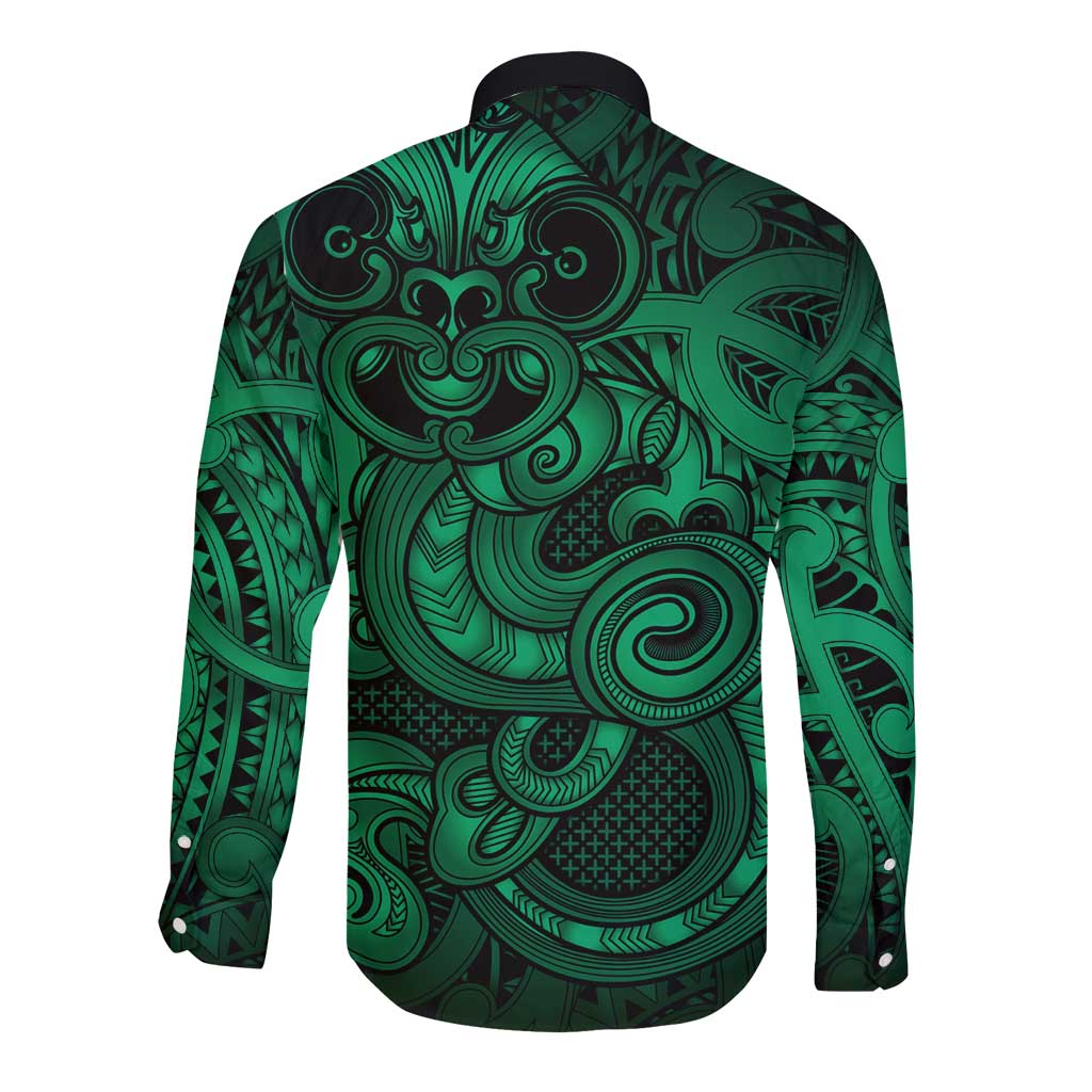 Aotearoa Maori Hei Tiki Long Sleeve Button Shirt Kakariki Kowhaiwhai Puhoro Motif