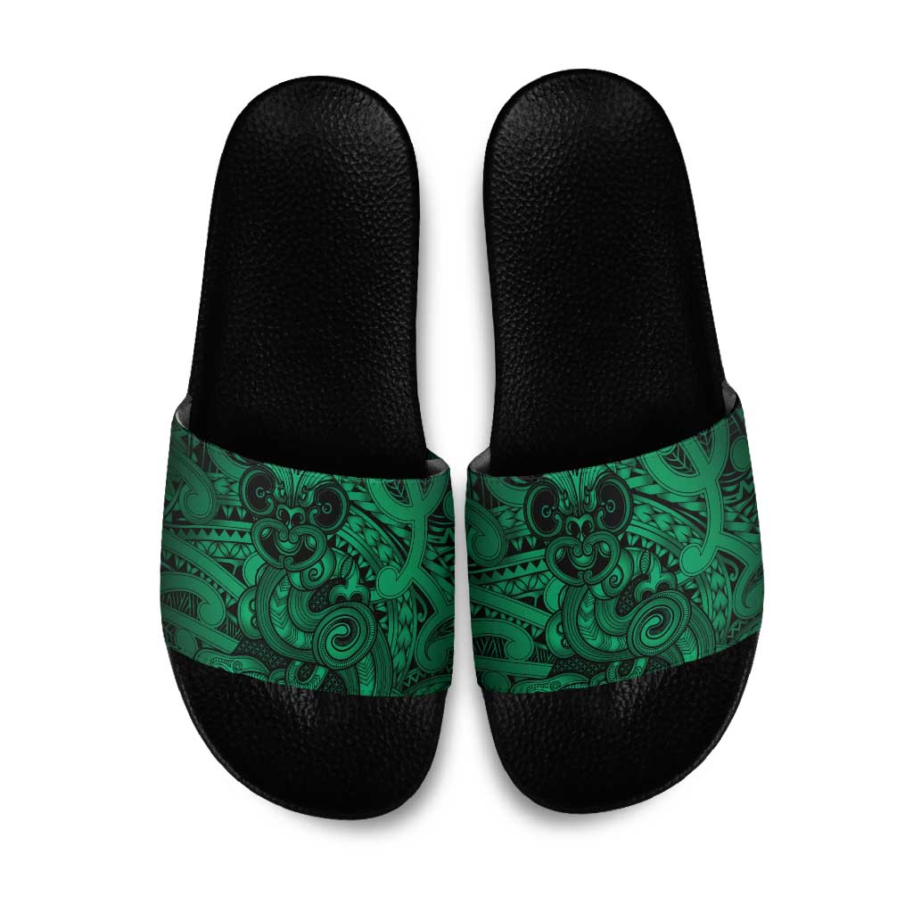 Aotearoa Maori Hei Tiki Slide Sandals Kakariki Kowhaiwhai Puhoro Motif