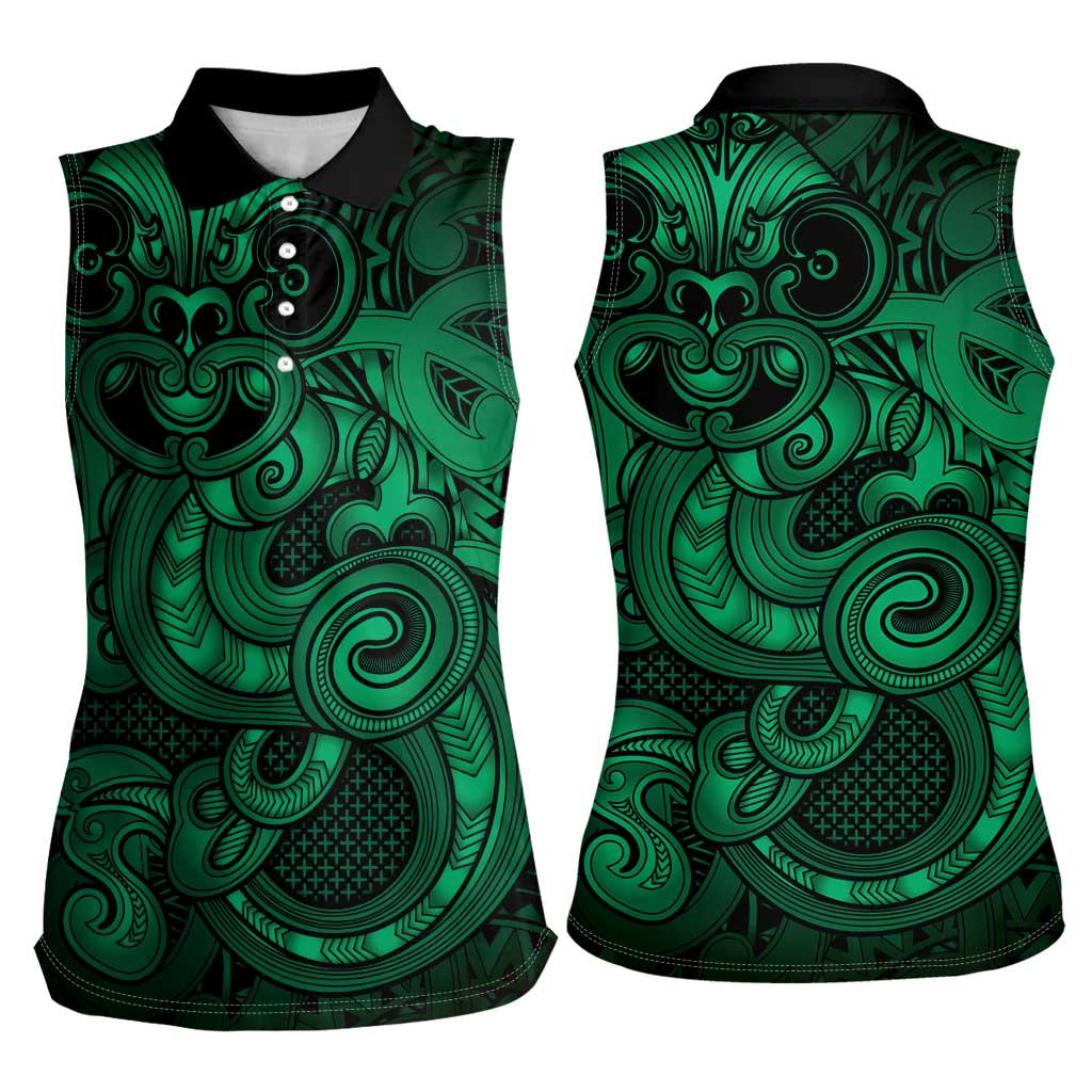 Aotearoa Maori Hei Tiki Women Sleeveless Polo Shirt Kakariki Kowhaiwhai Puhoro Motif