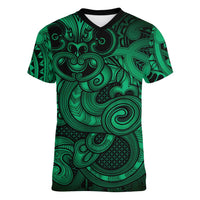 Aotearoa Maori Hei Tiki Women V-Neck T-Shirt Kakariki Kowhaiwhai Puhoro Motif
