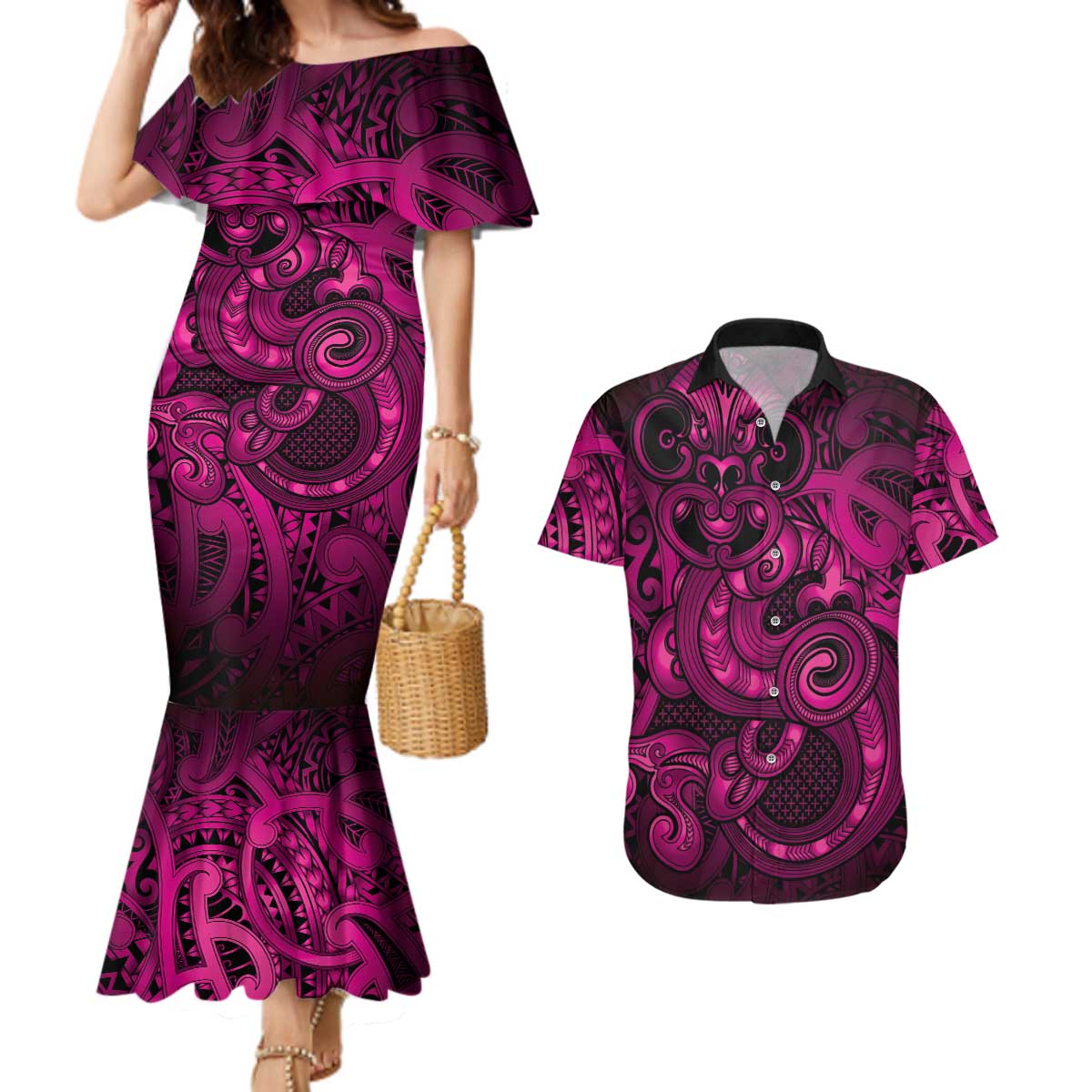 Aotearoa Maori Hei Tiki Couples Matching Mermaid Dress and Hawaiian Shirt Mawhero Kowhaiwhai Puhoro Motif LT9 Pink - Polynesian Pride