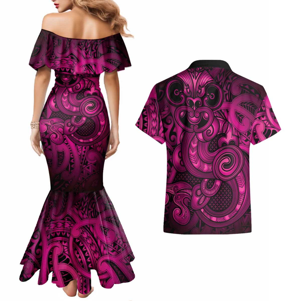 Aotearoa Maori Hei Tiki Couples Matching Mermaid Dress and Hawaiian Shirt Mawhero Kowhaiwhai Puhoro Motif LT9 - Polynesian Pride