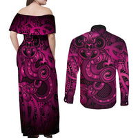 Aotearoa Maori Hei Tiki Couples Matching Off Shoulder Maxi Dress and Long Sleeve Button Shirt Mawhero Kowhaiwhai Puhoro Motif