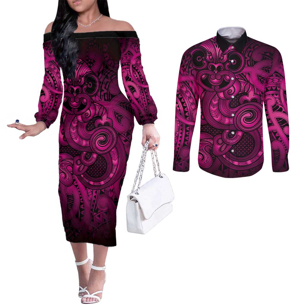 Aotearoa Maori Hei Tiki Couples Matching Off The Shoulder Long Sleeve Dress and Long Sleeve Button Shirt Mawhero Kowhaiwhai Puhoro Motif