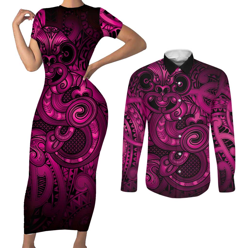 Aotearoa Maori Hei Tiki Couples Matching Short Sleeve Bodycon Dress and Long Sleeve Button Shirt Mawhero Kowhaiwhai Puhoro Motif