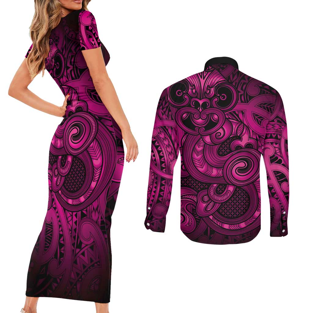 Aotearoa Maori Hei Tiki Couples Matching Short Sleeve Bodycon Dress and Long Sleeve Button Shirt Mawhero Kowhaiwhai Puhoro Motif