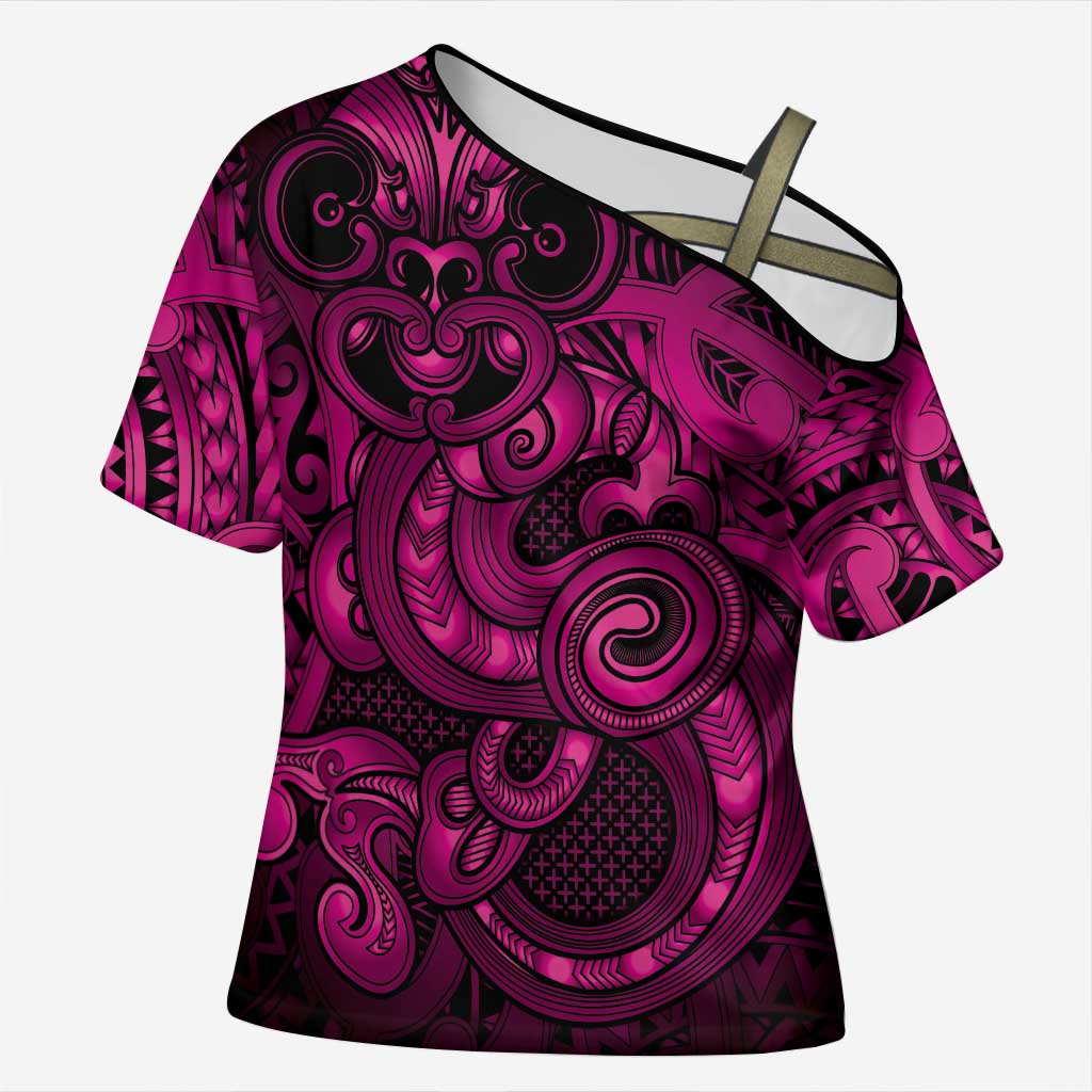 Aotearoa Maori Hei Tiki Cross Shoulder Shirt Mawhero Kowhaiwhai Puhoro Motif LT9 Female Pink - Polynesian Pride