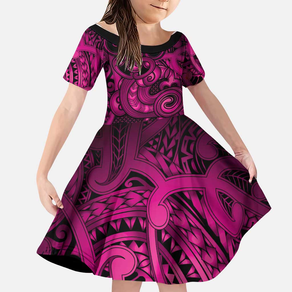 Aotearoa Maori Hei Tiki Family Matching Long Sleeve Bodycon Dress and Hawaiian Shirt Mawhero Kowhaiwhai Puhoro Motif LT9 Daughter's Dress Pink - Polynesian Pride
