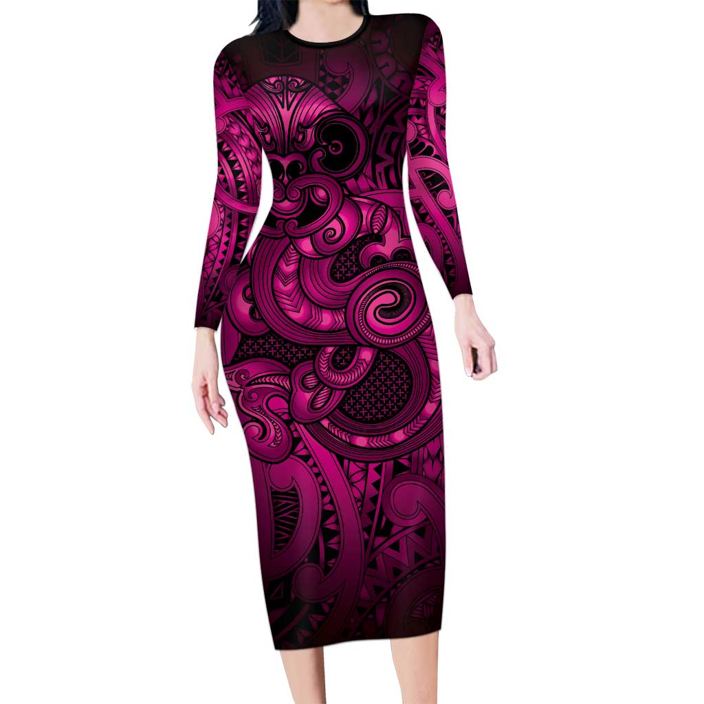 Aotearoa Maori Hei Tiki Family Matching Long Sleeve Bodycon Dress and Hawaiian Shirt Mawhero Kowhaiwhai Puhoro Motif LT9 Mom's Dress Pink - Polynesian Pride
