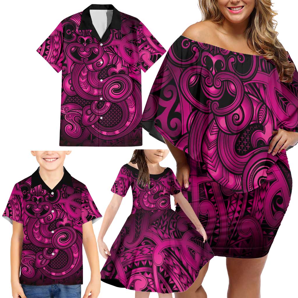 Aotearoa Maori Hei Tiki Family Matching Off Shoulder Short Dress and Hawaiian Shirt Mawhero Kowhaiwhai Puhoro Motif