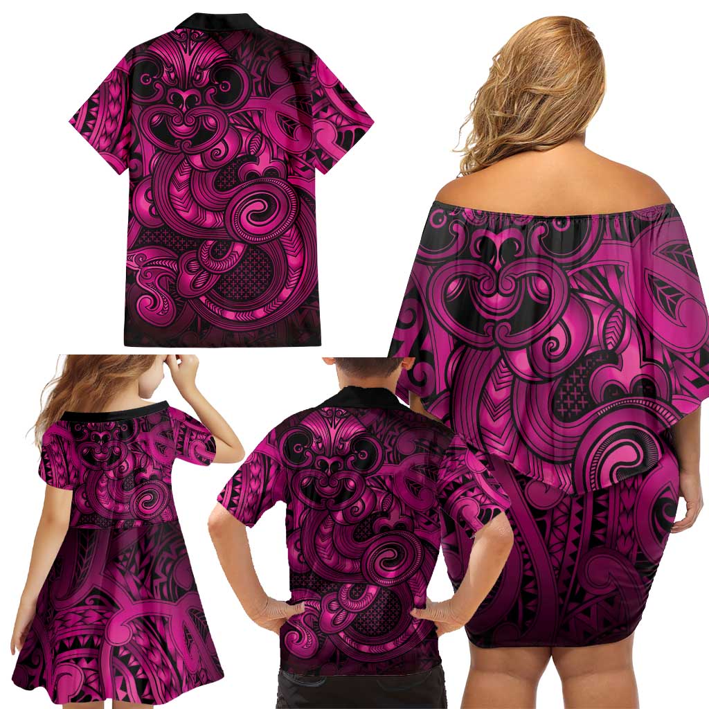 Aotearoa Maori Hei Tiki Family Matching Off Shoulder Short Dress and Hawaiian Shirt Mawhero Kowhaiwhai Puhoro Motif