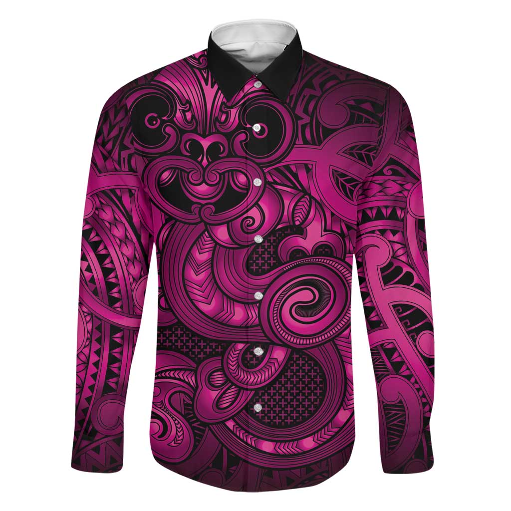Aotearoa Maori Hei Tiki Family Matching Tank Maxi Dress and Hawaiian Shirt Mawhero Kowhaiwhai Puhoro Motif LT9 Dad's Shirt - Long Sleeve Pink - Polynesian Pride