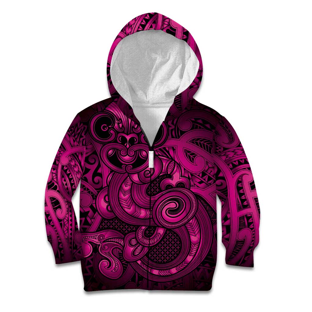 Aotearoa Maori Hei Tiki Kid Hoodie Mawhero Kowhaiwhai Puhoro Motif LT9 Zip Hoodie Pink - Polynesian Pride