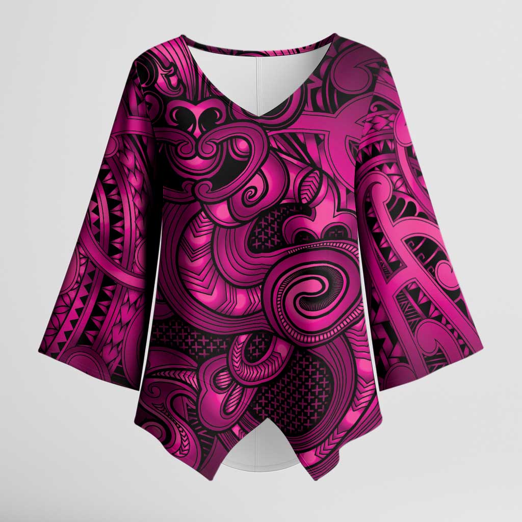 Aotearoa Maori Hei Tiki Kimono Sleeve Blouse Mawhero Kowhaiwhai Puhoro Motif LT9 Female Pink - Polynesian Pride