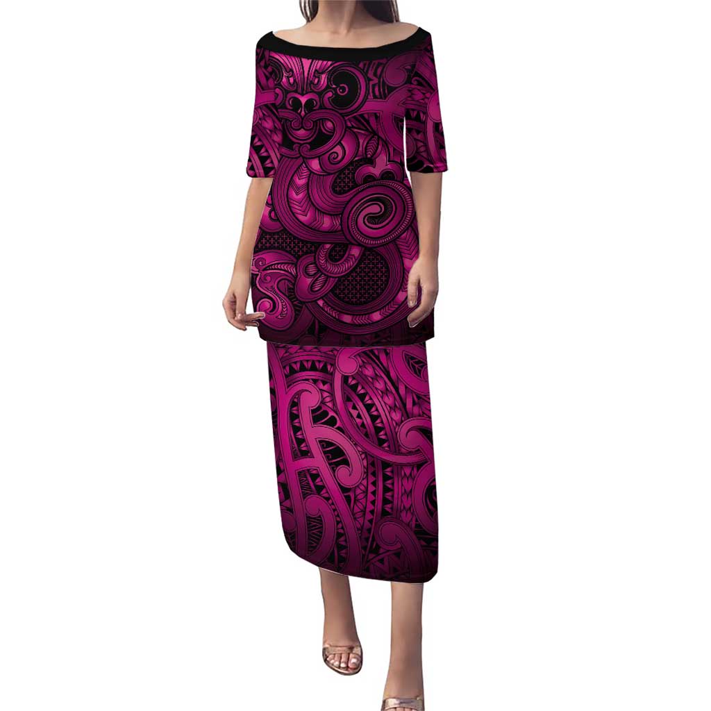 Aotearoa Maori Hei Tiki Puletasi Mawhero Kowhaiwhai Puhoro Motif LT9 Long Dress Pink - Polynesian Pride