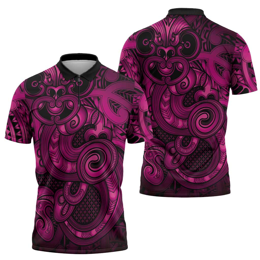 Aotearoa Maori Hei Tiki Zipper Polo Shirt Mawhero Kowhaiwhai Puhoro Motif