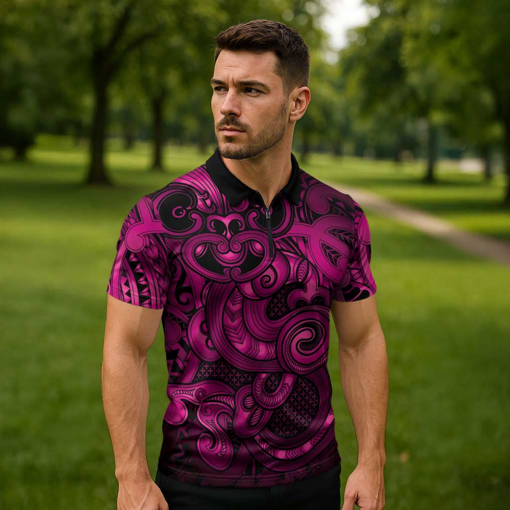 Aotearoa Maori Hei Tiki Zipper Polo Shirt Mawhero Kowhaiwhai Puhoro Motif