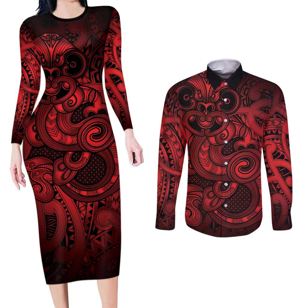 Aotearoa Maori Hei Tiki Couples Matching Long Sleeve Bodycon Dress and Long Sleeve Button Shirt Whero Kowhaiwhai Puhoro Motif