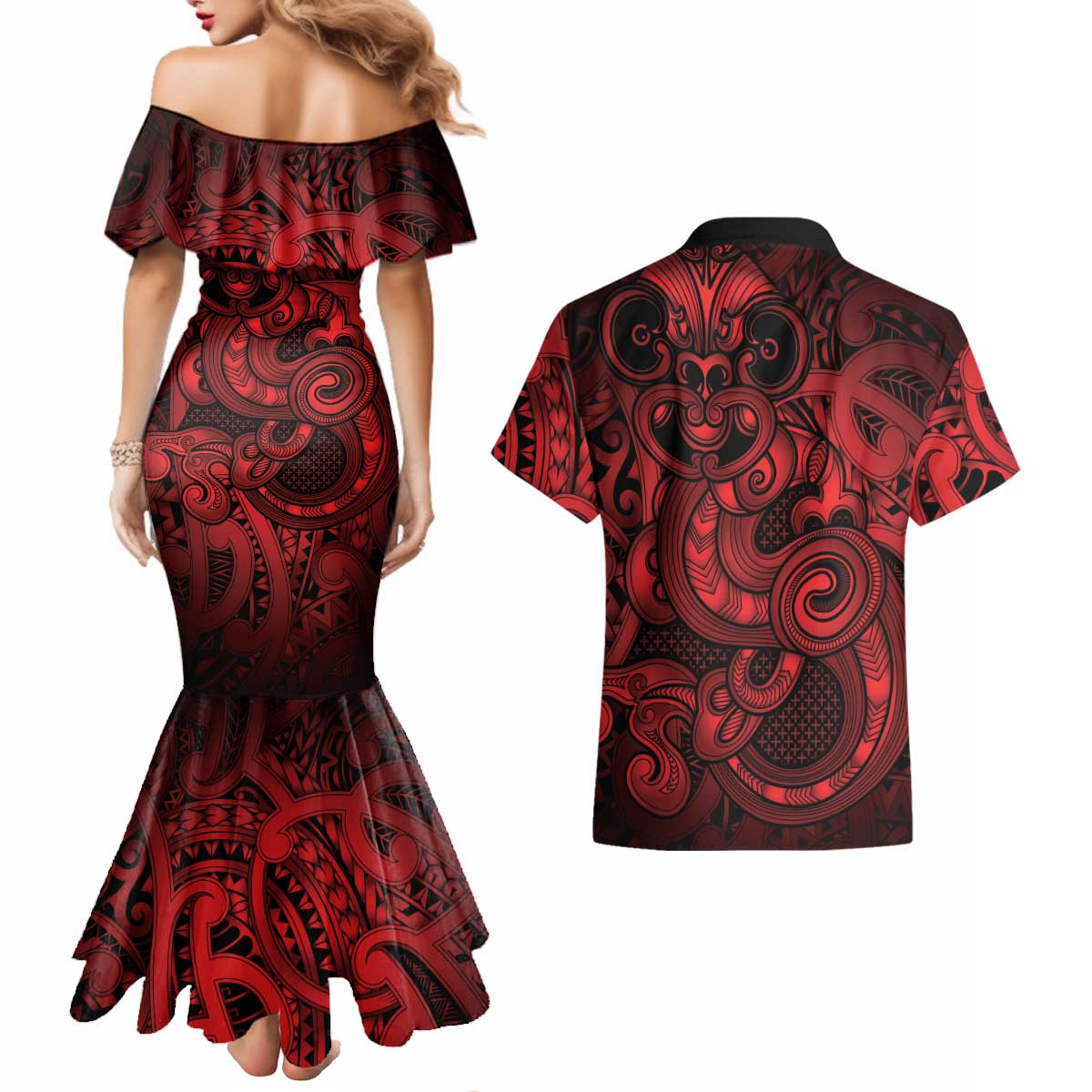 Aotearoa Maori Hei Tiki Couples Matching Mermaid Dress and Hawaiian Shirt Whero Kowhaiwhai Puhoro Motif
